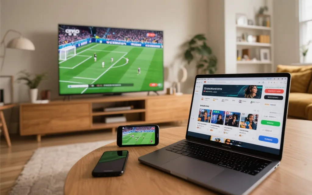 客厅电视播放足球比赛,手机与笔记本作为多端联动观看工具