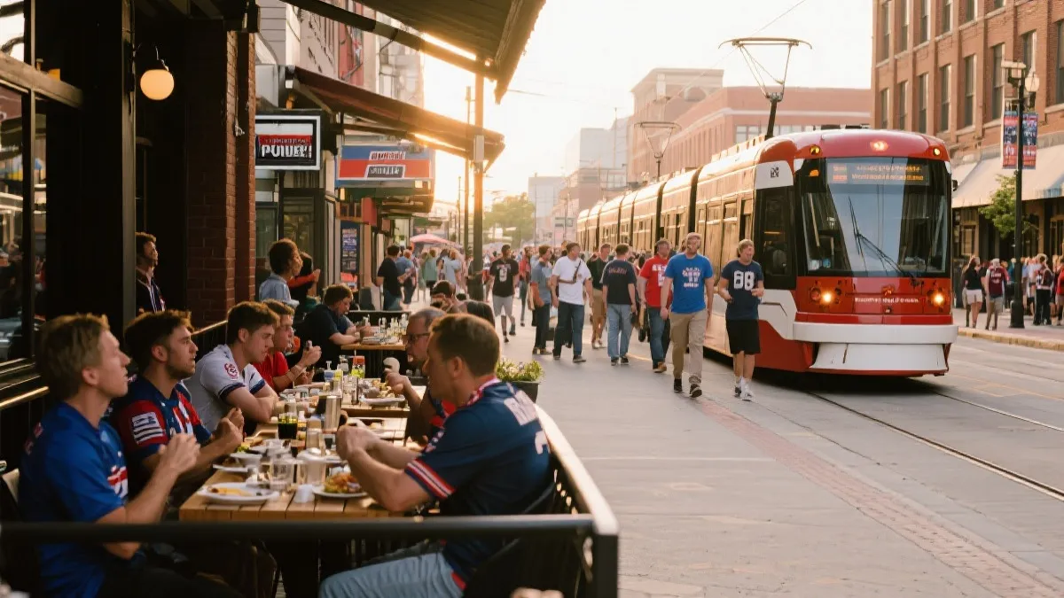 球迷在城市街区餐厅与公共交通之间流动的场景，体现门票收入向餐饮交通文旅的传导