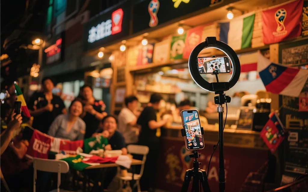 本地门店世界杯主题直播与线下活动联动场景：灯光、屏幕、顾客互动